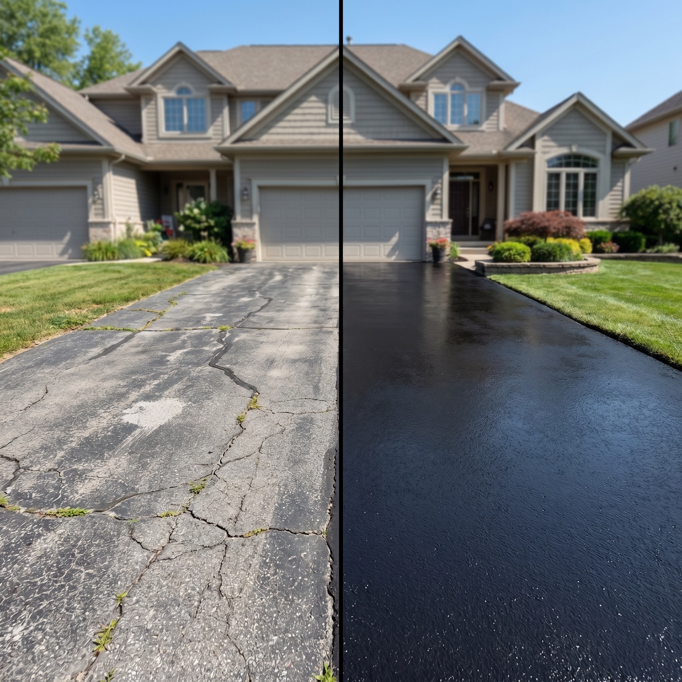 Driveway before and after sealcoating by Well Covered